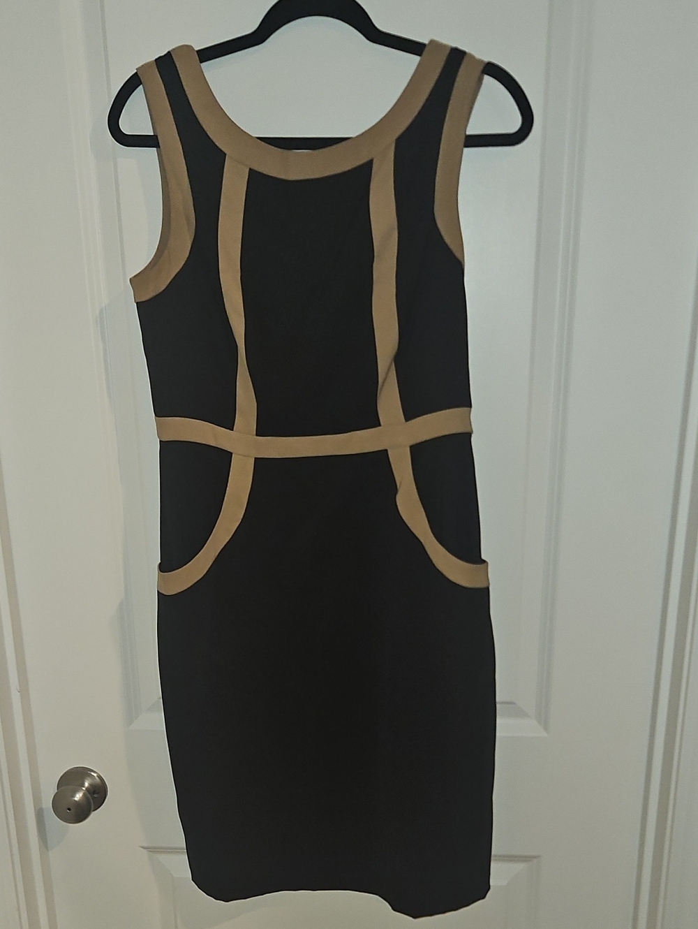 Classic Black Sheath Dress with Tan Trim - Women's Dress